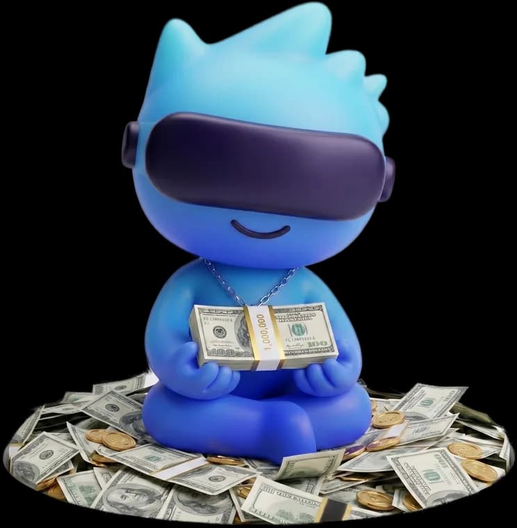 Happy TakeLink mascot on a pile of money