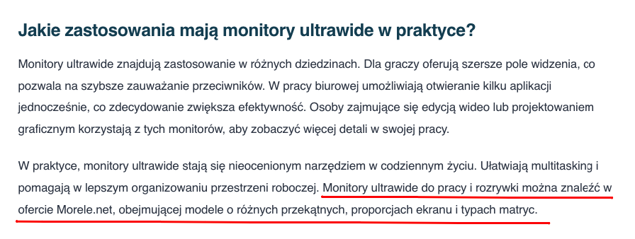 Fragment artykułu o monitorach ultrawide z niepodlinkowaną wzmianką o marce Morele.net zaznaczoną na czerwono